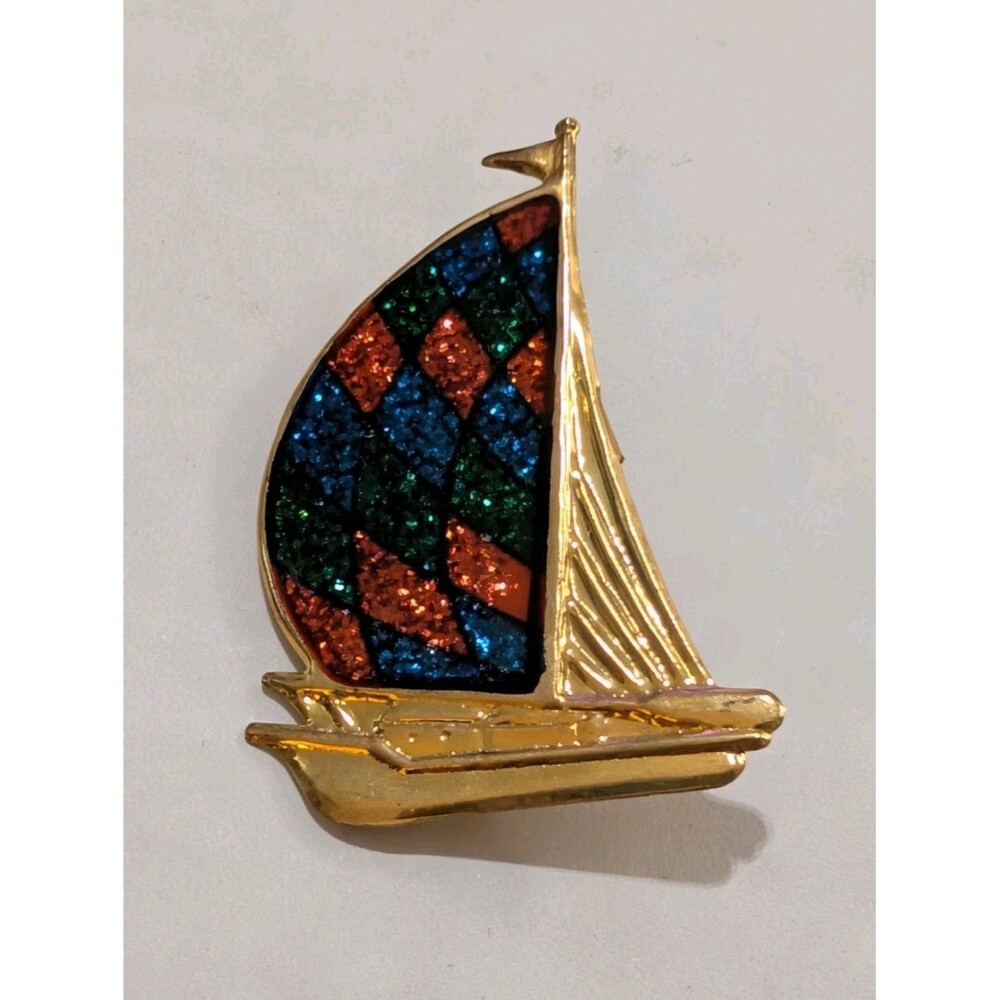 Vintage Gold Tone Sailboat Brooch Pin Harlequin Glitter Enamel Nautical 2"
